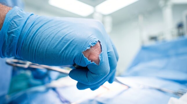 Surgeon holding medical instrument with torn sterile glove in surgery