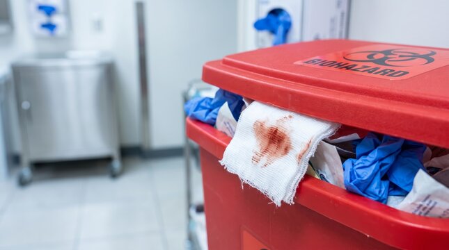 Red biohazard waste bin overflowing with blood-stained gauze in clinic