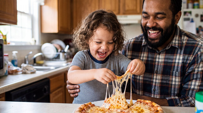 A delighted toddler pulls a long cheese string from a hot pizza while a laughing father sits beside them for Cheese Pizza Day social content