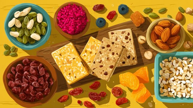 Flat design vector assortment of nutritious snacks, including mixed nuts, healthy seed crackers, granola bars, and wholesome dried fruit