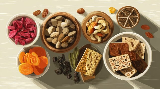 Flat design vector assortment of nutritious snacks, including mixed nuts, healthy seed crackers, granola bars, and wholesome dried fruit