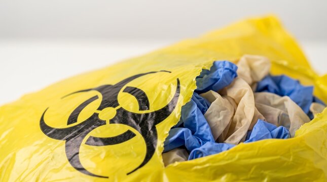Torn yellow biohazard bag exposing used medical gloves