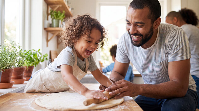 A joyful toddler rolls pizza dough with a small rolling pin while a father guides their hands in a cozy kitchen for Cheese Pizza Day content