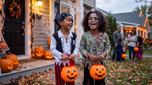Two playful children in pirate and zombie costumes laugh during Halloween trick-or-treating, suitable for spooky October party promotions