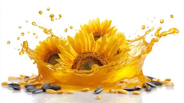 Golden cooking oil splash on white background with fresh sunflower seeds and whole sunflowers falling gracefully into liquid, concept of natural sunflower oil production