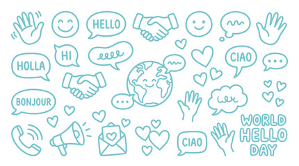 Collection of hand-drawn doodle icons representing communication and greetings from around the world. © Meila
