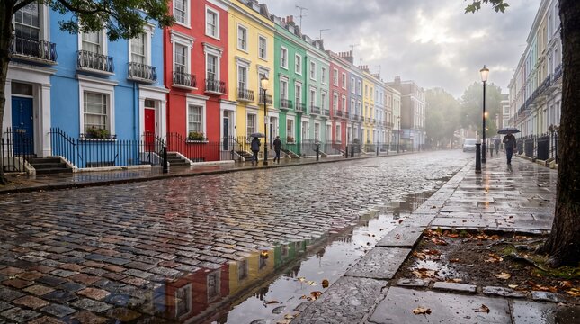 Colorful Victorian townhouses along a wet cobblestone street in London after rain