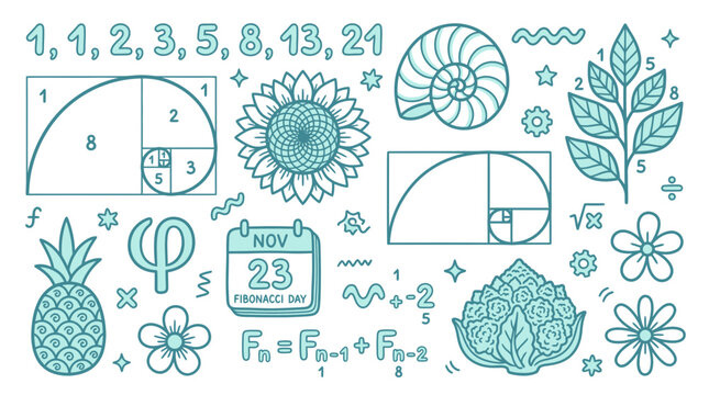 The Fibonacci Sequence and Golden Ratio Illustrated with Nature and Math Symbols.