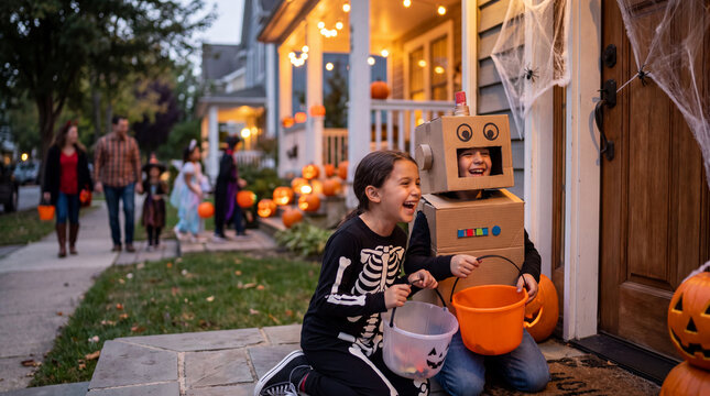 Two playful children in skeleton and robot costumes laugh while trick-or-treating for Halloween, great for creative October costume campaigns