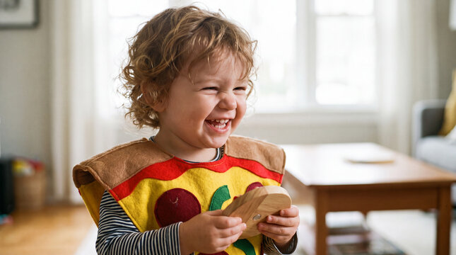 Laughing toddler in a pizza costume is holding a pizza toy, joyful National Pizza Month cosplay moment for social media posts