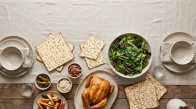 Passover seder plate with roasted chicken matzah crackers and fresh salad on a rustic wooden table. Matzah dinner