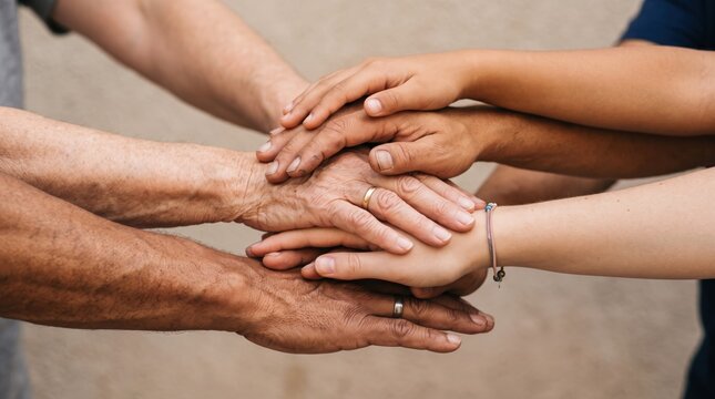 Diverse group of people stacking hands together in a pile, symbolizing unity, teamwork, support, and collaboration, multi-generational family or colleagues joining forces