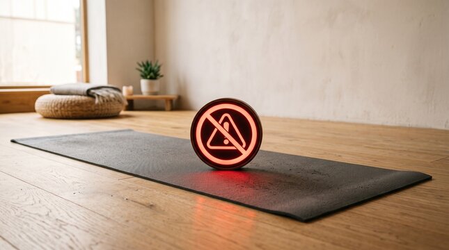 Prohibition sign on a yoga mat in studio