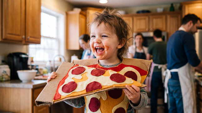 Laughing toddler in a pizza costume is holding up a large pizza slice, playful National Pizza Month cosplay for social posts