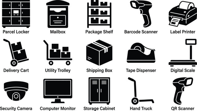 A collection of black and white vector icons representing warehouse logistics shipping supply chain management and inventory control systems