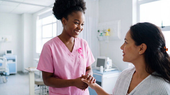 Breast Cancer Awareness Month features a nurse holding patient hand in pink hospital room for care banner