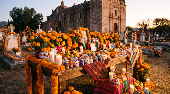 Decorated Day of the Dead table with marigold flowers, sugar skulls and candles is a warm Dia de los Muertos setting for backgrounds