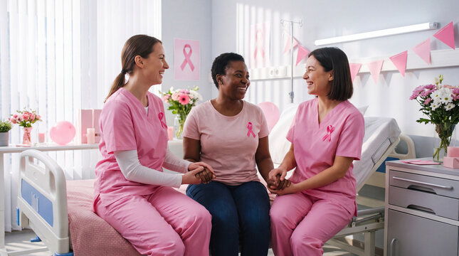 Breast Cancer Awareness Month features two nurses supporting patient on bed for care poster