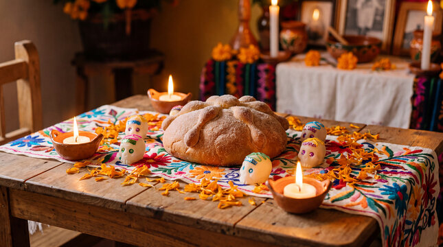 Pan de muerto bread, sugar skull candies and marigold petals on a table are a traditional Day of the Dead food scene for designs