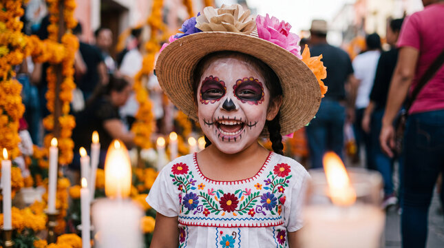 Laughing child with intricate calavera face paint is celebrating Day of the Dead, joyful Dia de los Muertos close-up for posters