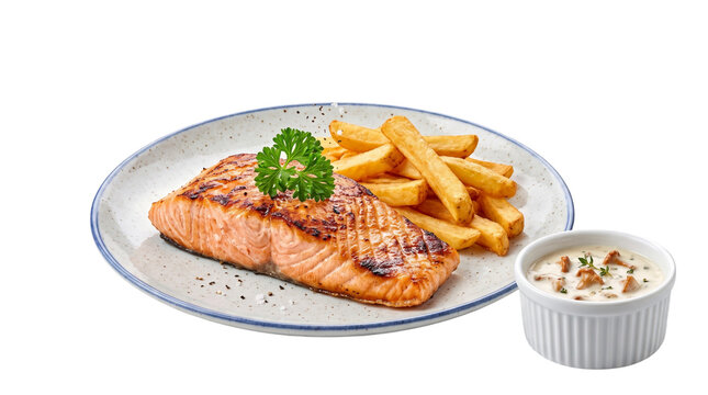 Grilled salmon with french fries and white sauce