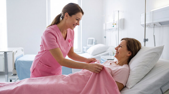 Breast Cancer Awareness Month features a nurse tucking patient blanket for comfort poster