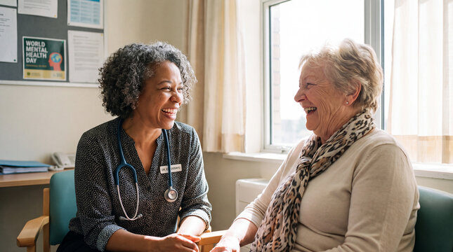 Doctor and patient are laughing together by a sunny hospital window, joyful World Mental Health Day connection for social posts