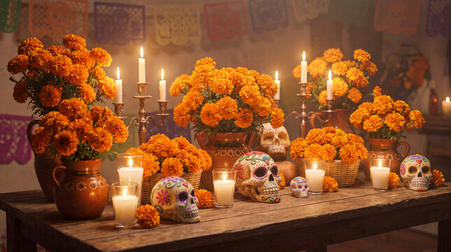 Vibrant marigold flower bouquets with sugar skull decorations and candles are a festive Day of the Dead still life for backgrounds