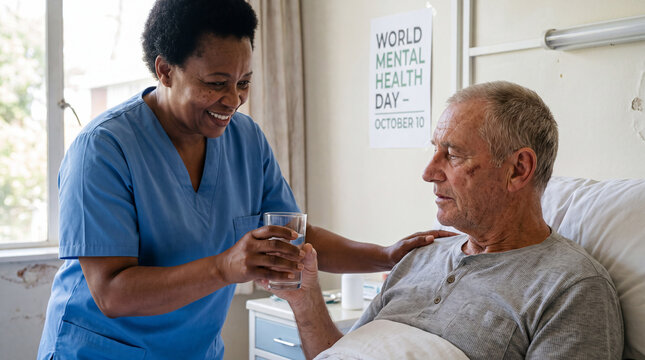 Smiling nurse is handing a glass of water to a patient, compassionate World Mental Health Day care moment for social media