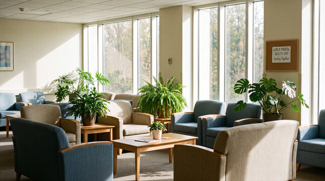 Hospital lounge area with comfortable chairs, green plants and sunlight is a peaceful World Mental Health Day waiting space for wallpapers