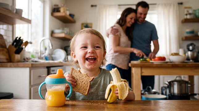 Laughing toddler is enjoying a healthy breakfast with fresh fruit and orange juice for Better Breakfast Month campaigns