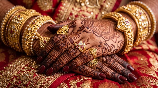 Close up of Indian bride hands with intricate henna mehndi designs wearing heavy gold bangles and rings