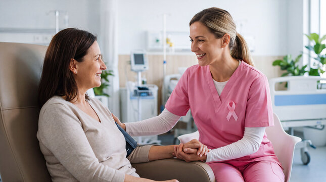 Breast Cancer Awareness Month features a nurse checking patient vitals in chair for support poster