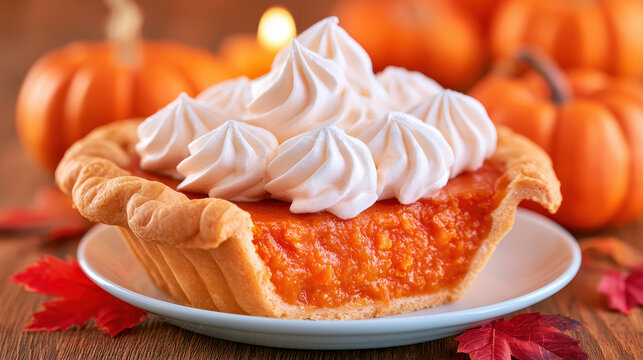 Delicious pumpkin pie topped with whipped cream, warm autumn colors, perfect for festive gatherings or holiday celebrations.
