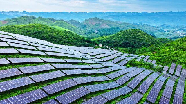 Aerial view of a large-scale solar farm on green hills generating clean renewable energy in Guizhou, China