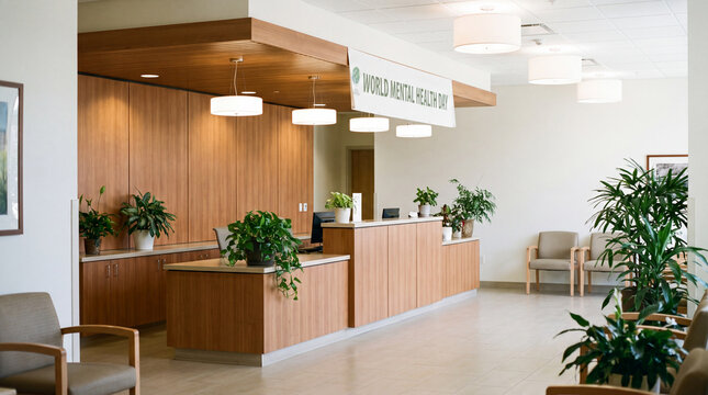 Modern hospital reception desk with green plants and warm wood accents is a welcoming World Mental Health Day front desk for designs