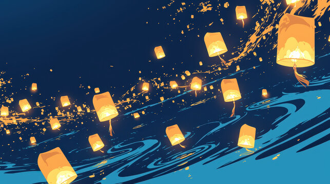 Colorful lanterns glowing at night, vibrant lights floating in dark sky, festive ambiance for celebrations and events.