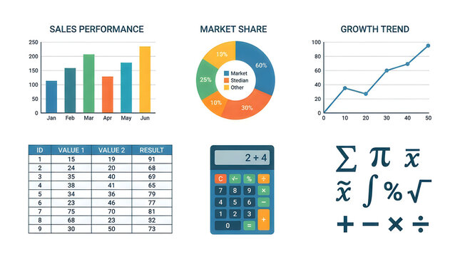 Set of colorful business charts graphs and calculator math symbols