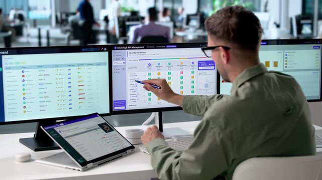 Procurement Manager Reviews Vendor Proposals Using Digital Dashboard