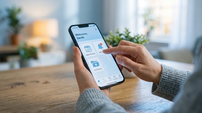 Close up of woman hands holding smartphone using mobile health care application interface, digital medical patient portal, telemedicine appointment scheduling, personal wellness
