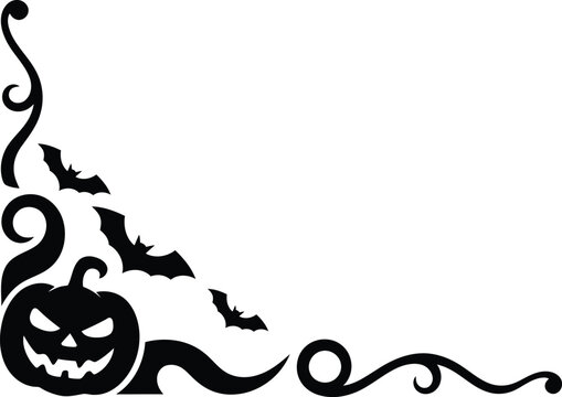 Halloween Swirl Corner Decorative Border elements, with Bats and Pumpkin silhouettes, scrolls, and elegant vines designed for invitation greeting cards


