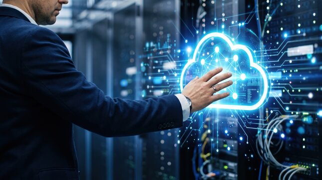 Businessman touching futuristic glowing cloud computing hologram in server room, advanced data storage technology, artificial intelligence network connection