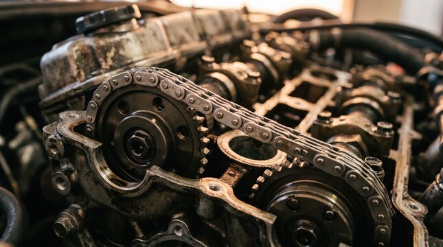 Close up view of internal combustion engine timing chain and sprocket gears, automotive maintenance, mechanical repair workshop, vehicle technology parts, dirty metal machinery