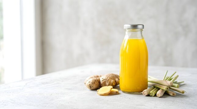 Modern jamu traditional Indonesian herbal drink in glass bottle on minimalist cement background