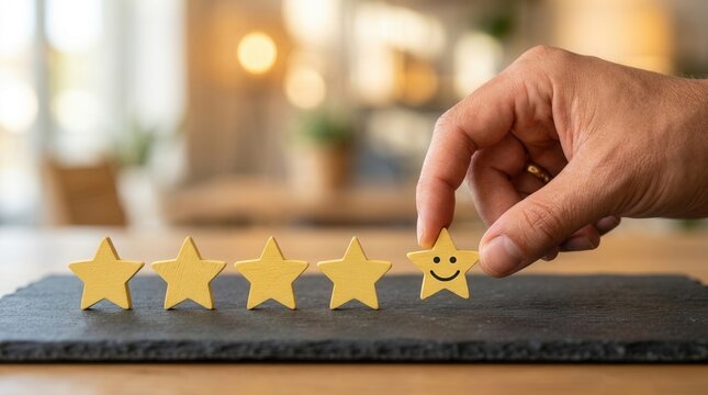 A hand places a final yellow star to complete a five-star rating process.