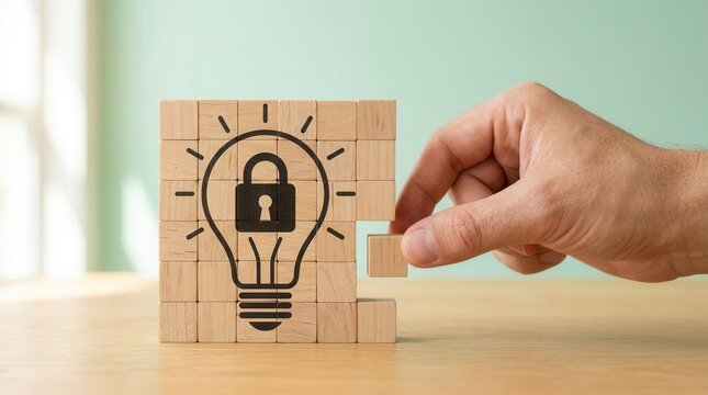 A hand placing a wooden block to complete a light bulb icon representing intellectual property and patent protection.