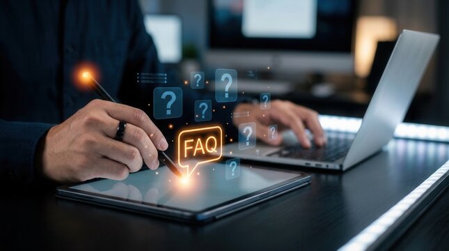 A person using a stylus on a digital tablet with a glowing FAQ speech bubble and question icons.