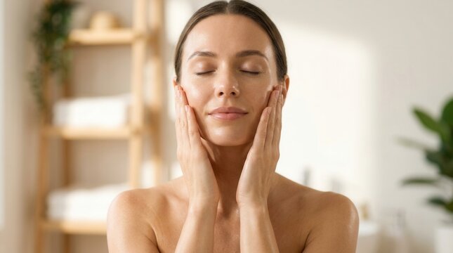 A woman performing a face yoga massage for a skincare routine to improve skin tone and muscle.
