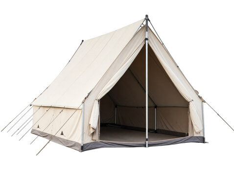Large canvas camping tent with metal poles isolated on, outdoor shelter as isolated on transparent background