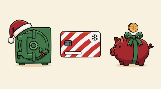 Christmas themed financial icons: safe with Santa hat, striped credit card, piggy bank with gift bow and coin